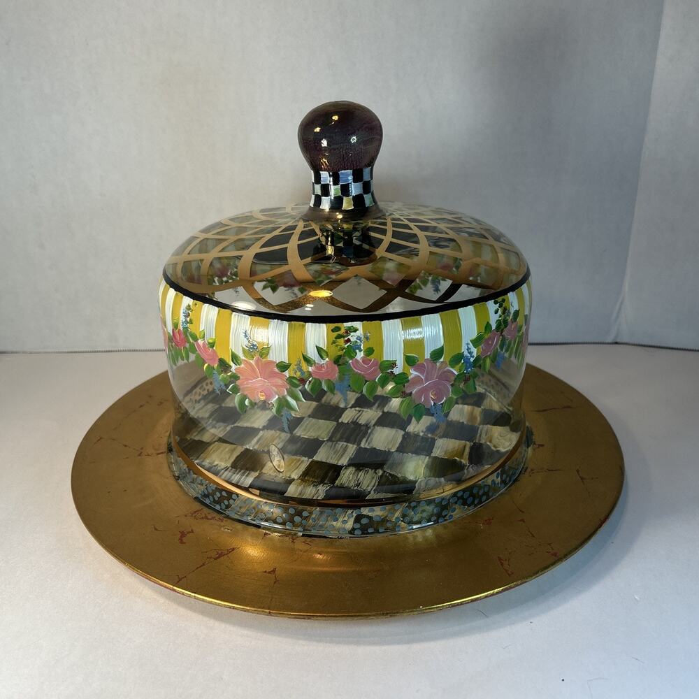 MacKenzie-Childs Glass Cake Dome Courtly Check Charger Plate 14” Aurora NY